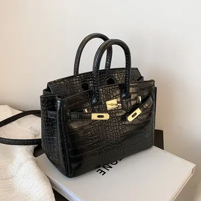 Crocodile Pattern Women's Kelly Handbag, Large Structured Bag - 9