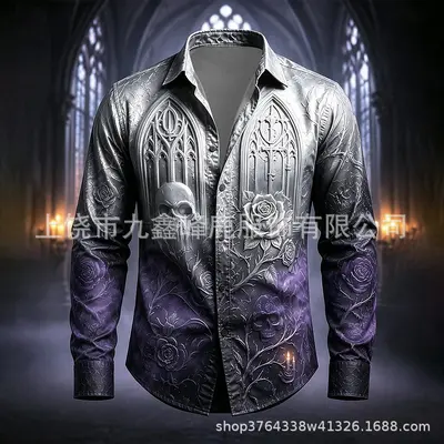 2026 Halloween Castle Crow Retro Design Long Sleeve Men's Shirt - 8