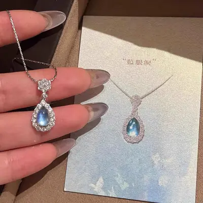 Blue tear drop pendant necklace, titanium steel - 2
