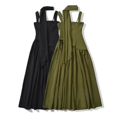 Damen-Trägerkleid, langer Rock mit hohem Schlitz, Taillenfalten