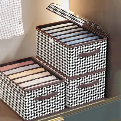 Houndstooth patterned pants storage box with lid, partitioned - 2