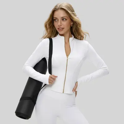 Golden Zipper Yoga Jacket, Long Sleeve Stand Collar, Slim Fit - 7