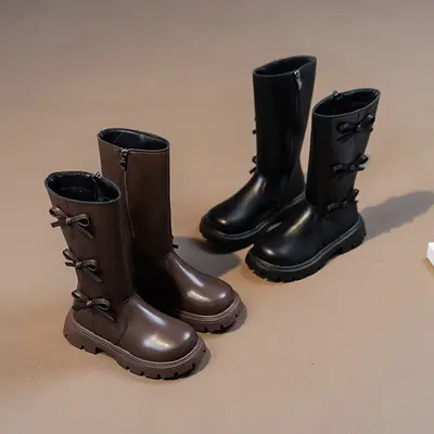 Mädchen-Lederstiefel, lang, Herbst/Winter 2026, mit Schleife