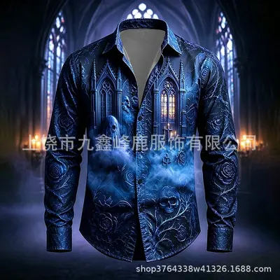 2026 Halloween Castle Crow Retro Design Long Sleeve Men's Shirt - 11