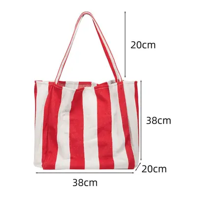 Women's striped canvas bag, single shoulder, large capacity canvas bag, simple and fresh style handbag, stylish and versatile. - 12