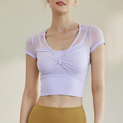 Damen Yoga-T-Shirt mit Brustpolster, Scheinzweiteiler, Kurzarm, Netzstoff