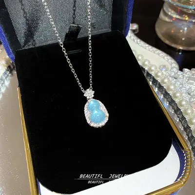 White chalcedony small gourd titanium necklace, Chinese style, collarbone chain - 8
