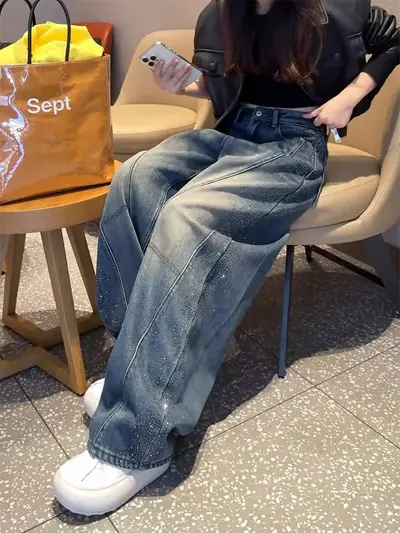 Büyük Beden Yüksek Bel Geniş Paça Kot Pantolon, Yıldız Desen Taşlı