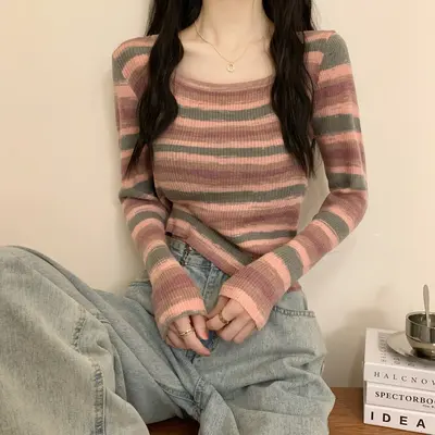 Women's Square Neck Long Sleeve Knit Base Top, Contrast Stripe, Korean Style - 6