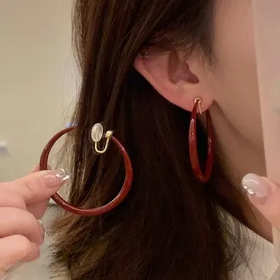Retro Hong Kong style Ankora red earrings autumn and winter flat ring earrings women's high-end earrings feminine earrings earrings - 3