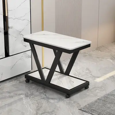 Rock Slab Sofa Side Table with Wheels, Movable Small Coffee Table - 9