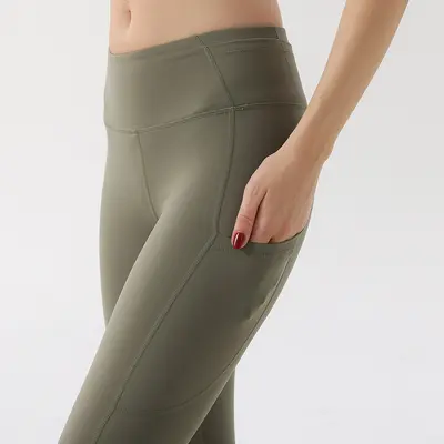 Yoga pantolonu kırpılmış pantolon naylon çift taraflı fırçalanmış bel çok cepli tayt çıplak hissi veren bisiklet gece koşusu çabuk kuruyan pantolon