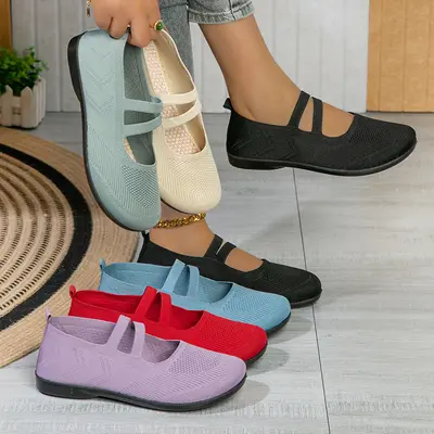 Kadın Uçan Örgü File Üst Düz Taban Loafer Ayakkabı Rahat Slip-On