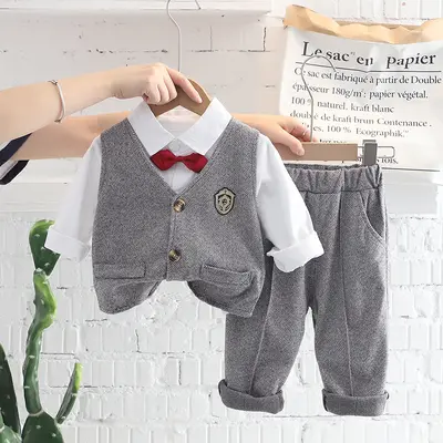 Boys' Spring Autumn Plaid Vest and Shirt Three-Piece Set