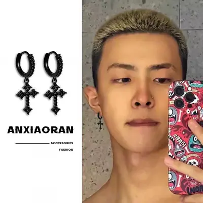 Men's Full Zirconia Ear Clip, Cross Screw Hip-Hop Style