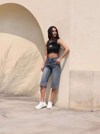 Women's High-Waist Elastic Denim Mid-Length Pants, Breathable