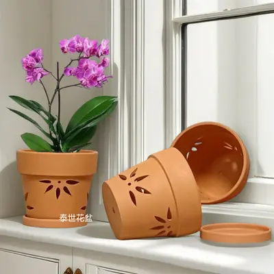 Red Clay Orchid Pot with Cutout Side Wall, Breathable, Hanging Design