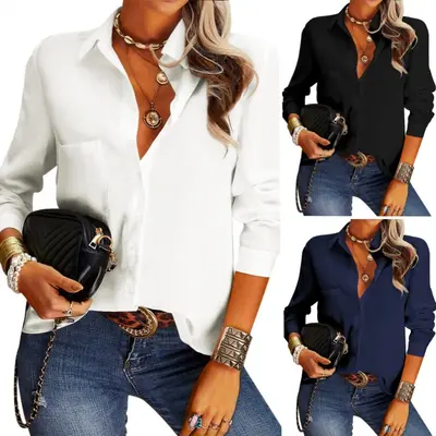 2025 Amazon Europe & America Solid Color Women's Spring Summer New Fashion Lapel Long Sleeve Shirt Elegant Casual Button-Down Style