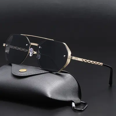 2026 Multi-Edge Double-Bridge Women's Sunglasses with Metal Chain Temples - 1
