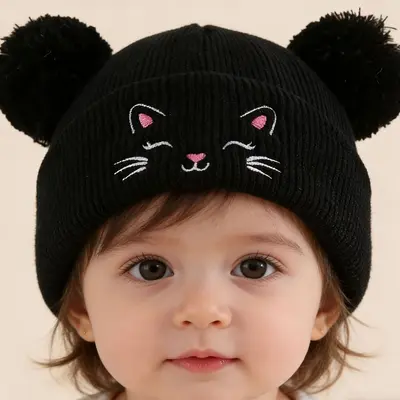 Japanese Style Pointed Ear Knit Beanie for Women, Cat Embroidery - 8