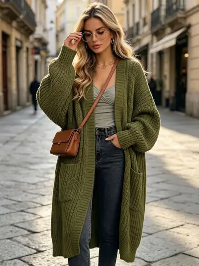 Kalın Sonbahar Kış Kadın Diz Altı Uzun Triko Hırka Gevşek Kesim