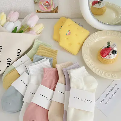 Spring and autumn short socks solid color women's pure cotton thin Japanese style student sports comfortable colorful short socks candy color