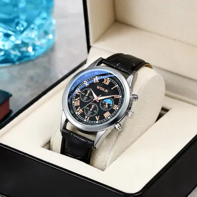 Men's leather strap quartz watch waterproof - 5