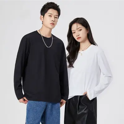 Unisex Solid Color Loose Long-Sleeve Round-Neck T-Shirt, White