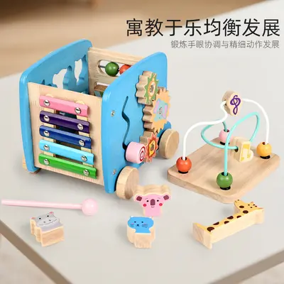 Wooden Six-sided Busy Box Montessori Bus Car Educational Toy