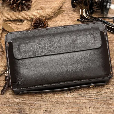 Top-Grain Cowhide Men's Business Handbag, Large Capacity Long Wallet