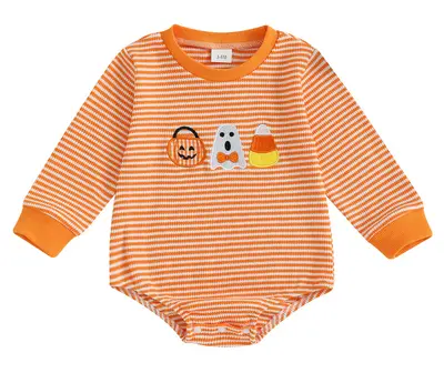 Baby-Halloween-Strampler mit Streifen, langen Ärmeln, Kürbis- und Eulenmotiv