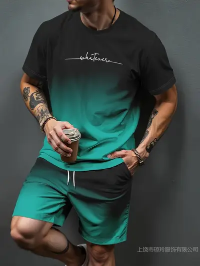 Men's Summer 3D Printed T-Shirt and Shorts Set, Gradient Letter Pattern