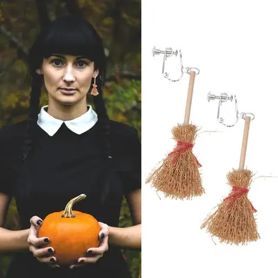 Halloween Broom Pendant Earrings, Ear Clips, Witch Design