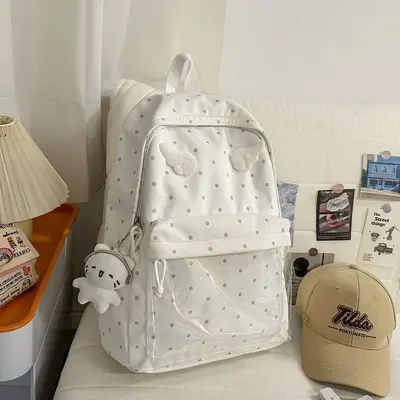 Blue Polka Dot Retro Backpack, Small Capacity, Japanese Style - 9