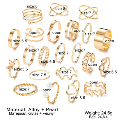 Alloy Cross-Border Butterfly Ring Open Multi-Joint Ring Set 22-Piece Set Unique Design Heart Ring for Women