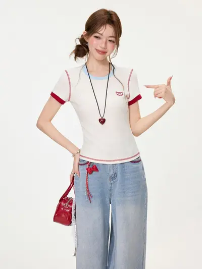 Apricot Embroidered Short Sleeve Women's T-Shirt Slim Fit Summer 2026