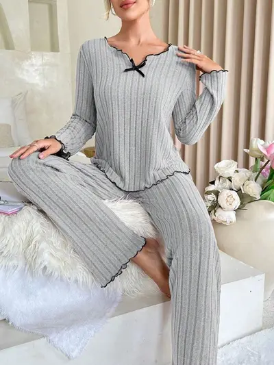Kadın siyah kenarlı örgülü rahat ev takımı pijama takımı - 8