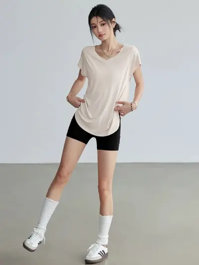 Yoga-Oberteil, locker, atmungsaktiv, Kurzarm-Pilates-Set, Plus Size - 4