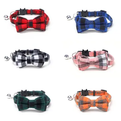 British plaid bow-tie pet collar with bell and patch - 4