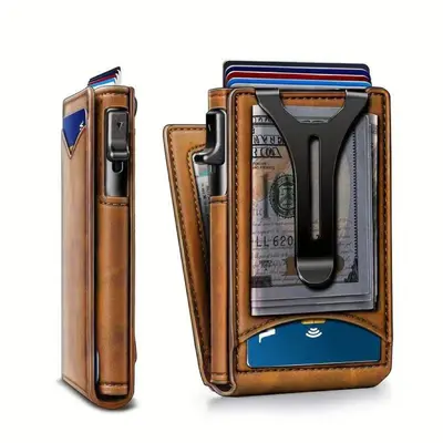 Men's Bi-Fold Metal Flip Wallet with RFID Blocking Card Holder - 6