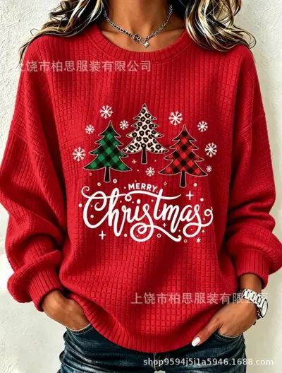 Kadın retro Noel baskılı sweatshirt, yuvarlak yaka, sonbahar ve kış - 8