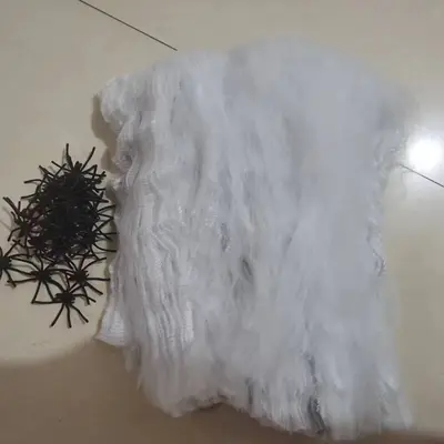 Halloween Spider Web Decoration with Cotton Spiders and Small Plastic Spiders - 9