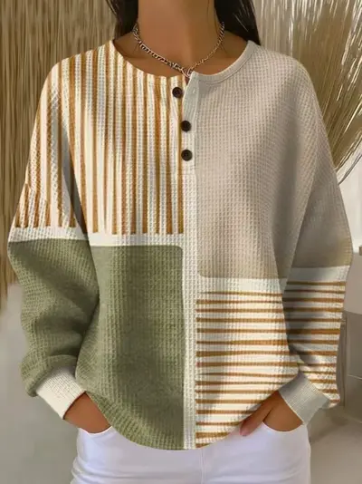 Women's Waffle Sweatshirt, Retro Style, Digital Print, Casual Fit