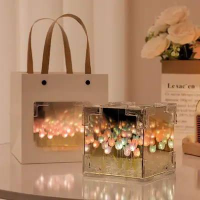 Handmade DIY Flower Cube Tulip Finished Product Night Light Creative Desktop Atmosphere Lamp Decoration Valentine's Day Gift