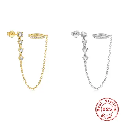 S925 Sterling Silver Single-Row Stone Non-Pierced Ear Clip with Tassel