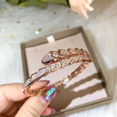 Snake-shaped bracelet with full rhinestones, 18k gold plating - 9