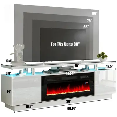 Mirrored White Fireplace TV Stand with LED Lights, Panel Furniture