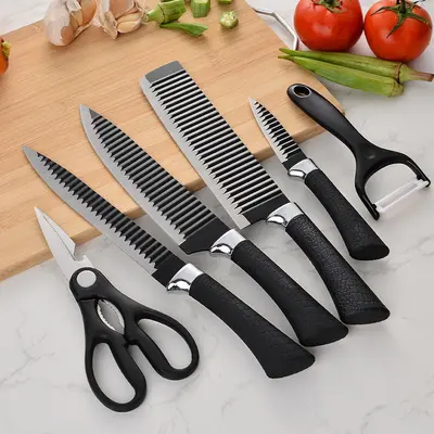 Heimwerkzeugsatz mit schwarzem Wellenmuster 238A Sechsteiliges Messerset Obstmesser Brotmesser Kochmesser Gemüsemesser Küchenmesser für den Haushalt