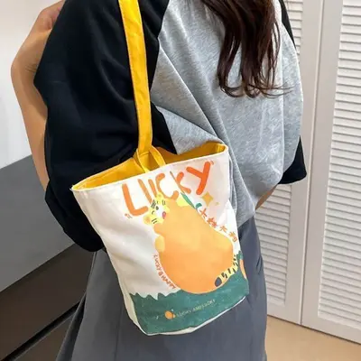 Printed Canvas Bucket Bag with Cartoon Illustration for Women - 7