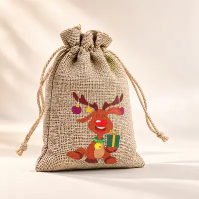Christmas Drawstring Burlap Gift Bag, Santa Claus Candy Packaging Bag - 10